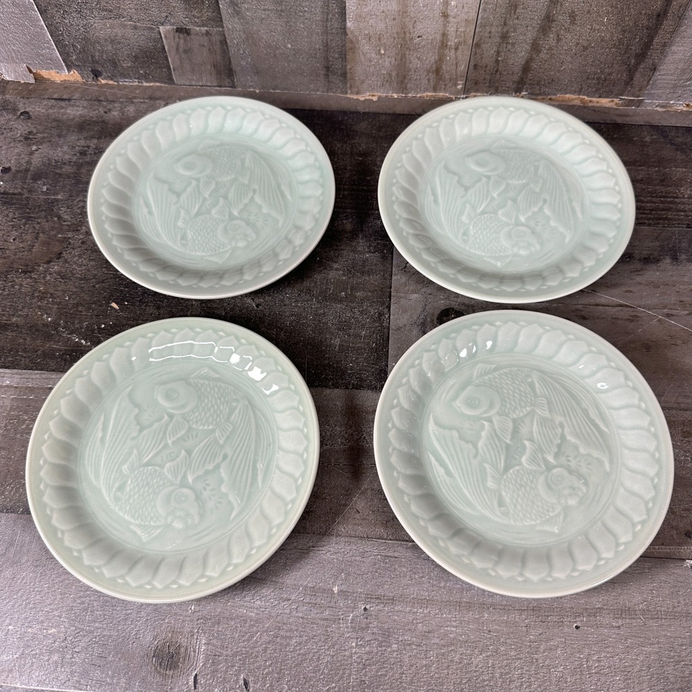 4 Vintage Celadon Jade Green Koi Fish 6 7/8" Salad‎ Plates